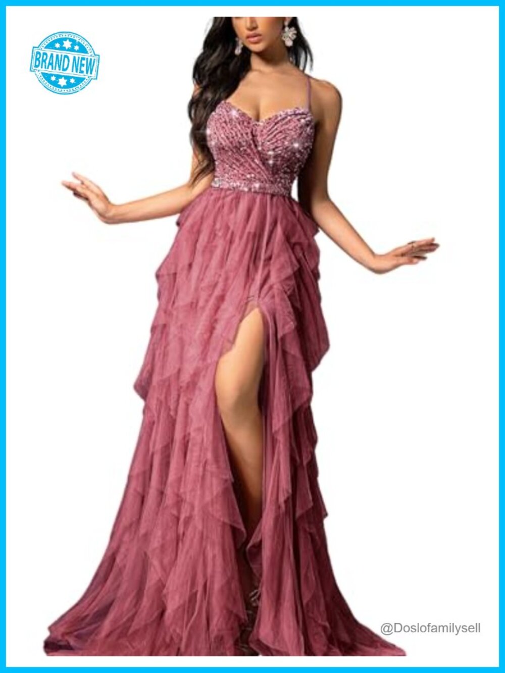 VOUIAO A-Line Long Formal Prom Dress Sequin Lace-Up High Slit Evening Gown